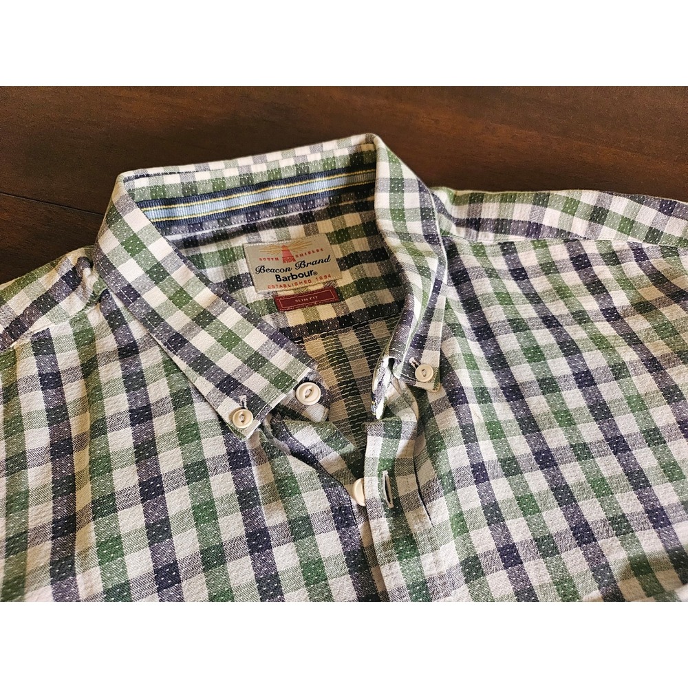 Barbour Beacon Brand Button Down Shirt Mens L Green Navy Gingham Slim Fit